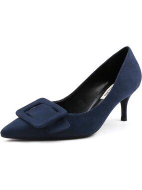 Women's Navy Suede Kitten Heels Pumps Pointed Toe Square Buckle Dressy Shoes